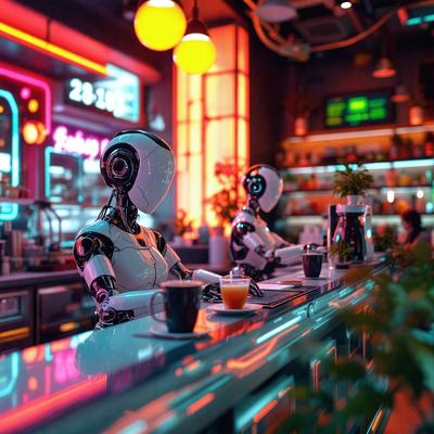 The primary subject of the image is a bar with two robotic-looking figures sitting at the counter. The setting is a bar with a counter and a potted plant nearby. The visual style is a photo, and the colors and mood are predominantly red and orange, creating a lively and vibrant atmosphere.